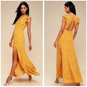 NWOT Lulus Fresh Picked Mustard Yellow Floral Print Backless Maxi Dress